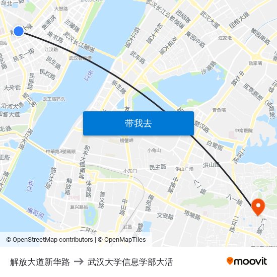 解放大道新华路 to 武汉大学信息学部大活 map