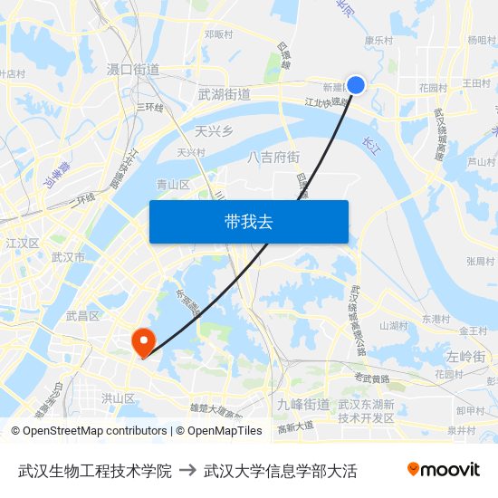 武汉生物工程技术学院 to 武汉大学信息学部大活 map