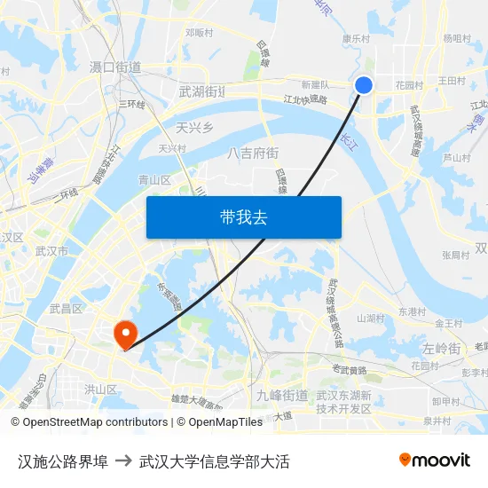 汉施公路界埠 to 武汉大学信息学部大活 map