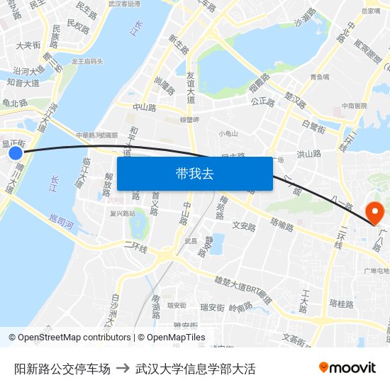 阳新路公交停车场 to 武汉大学信息学部大活 map