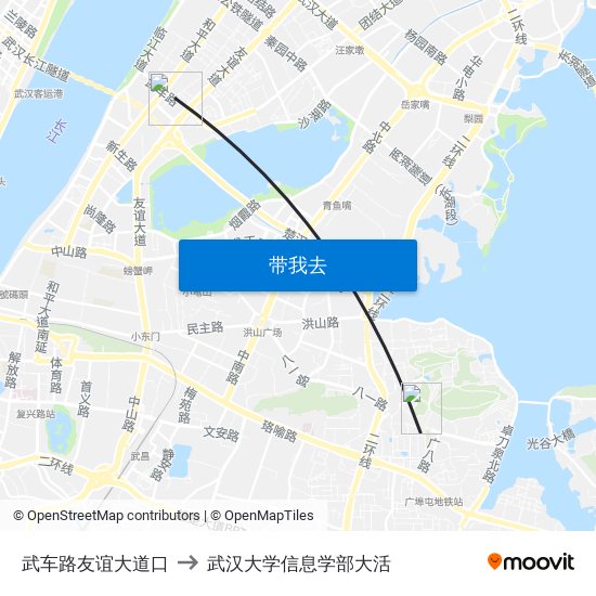 武车路友谊大道口 to 武汉大学信息学部大活 map