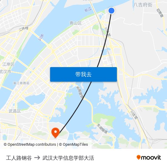 工人路钢谷 to 武汉大学信息学部大活 map