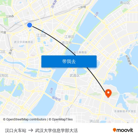 汉口火车站 to 武汉大学信息学部大活 map