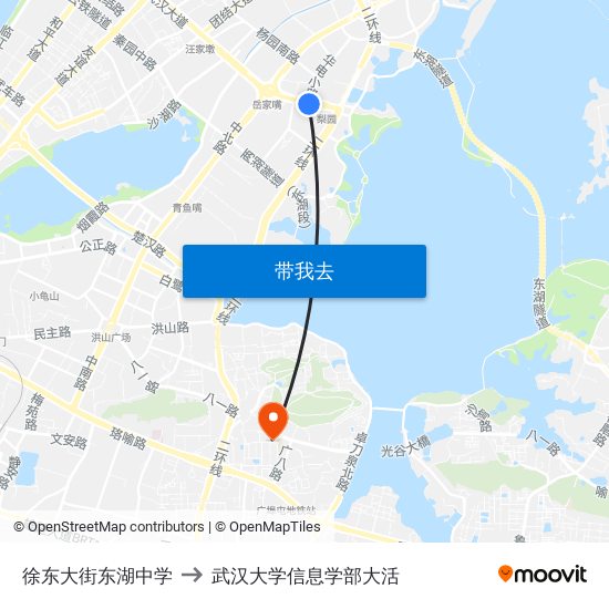 徐东大街东湖中学 to 武汉大学信息学部大活 map