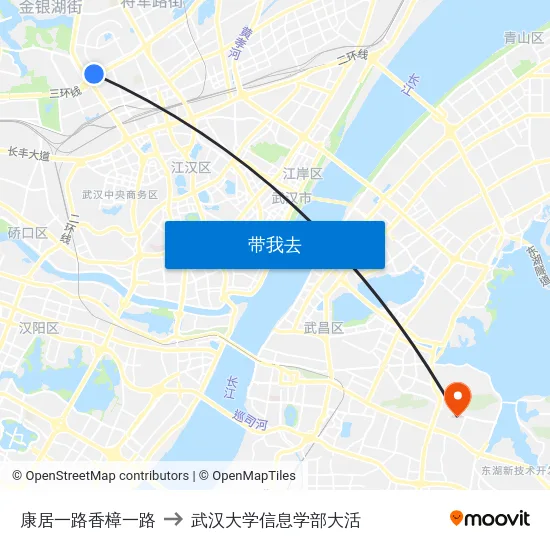康居一路香樟一路 to 武汉大学信息学部大活 map