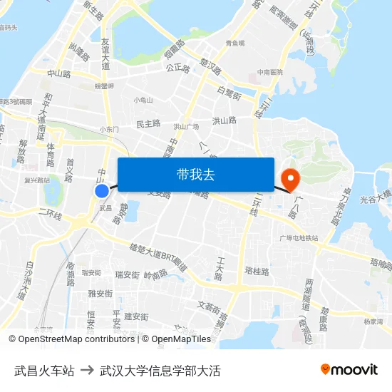 武昌火车站 to 武汉大学信息学部大活 map