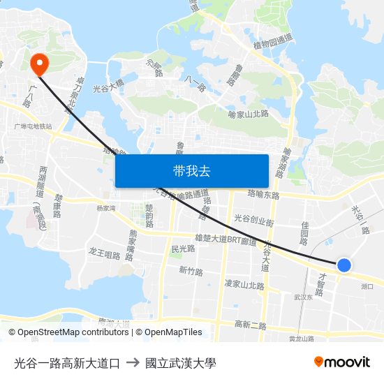 光谷一路高新大道口 to 國立武漢大學 map