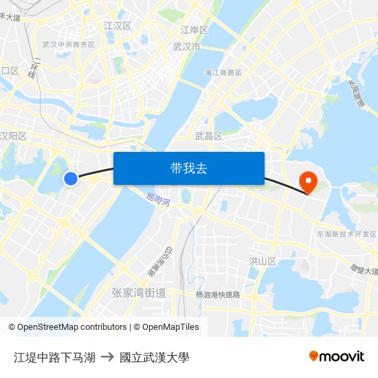 江堤中路下马湖 to 國立武漢大學 map