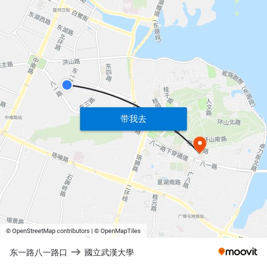 东一路八一路口 to 國立武漢大學 map