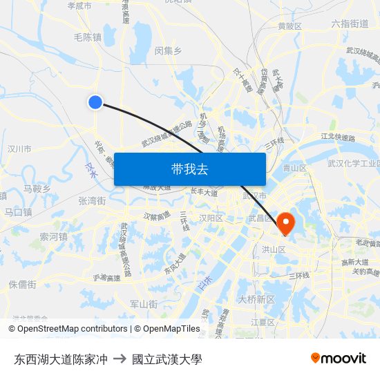 东西湖大道陈家冲 to 國立武漢大學 map