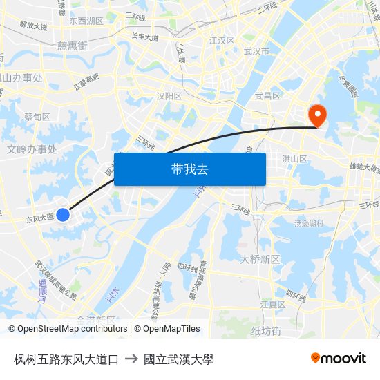 枫树五路东风大道口 to 國立武漢大學 map