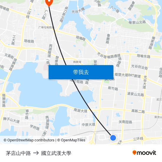 茅店山中路 to 國立武漢大學 map