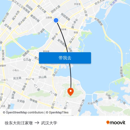 徐东大街汪家墩 to 武汉大学 map