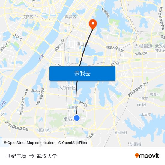 世纪广场 to 武汉大学 map