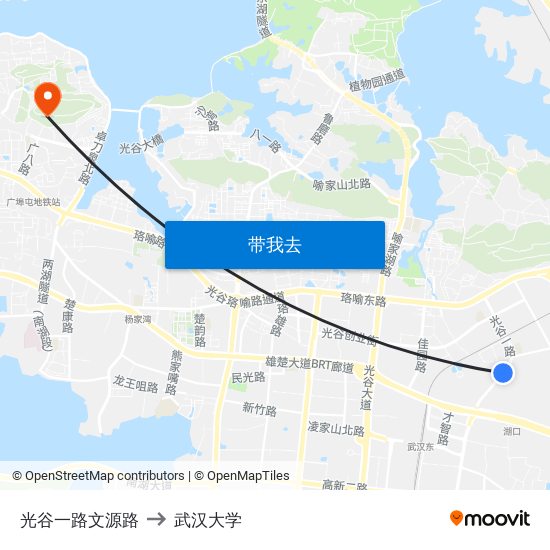 光谷一路文源路 to 武汉大学 map