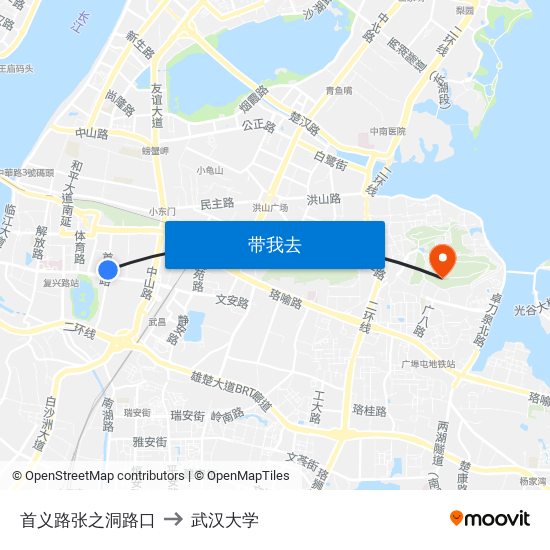 首义路张之洞路口 to 武汉大学 map