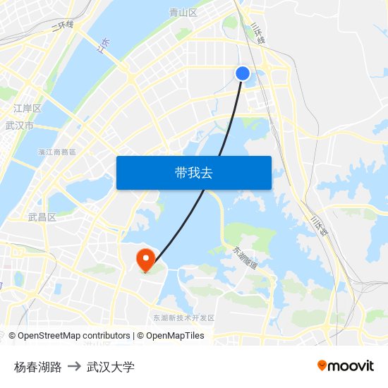 杨春湖路 to 武汉大学 map