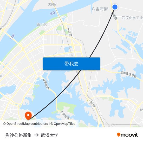 焦沙公路新集 to 武汉大学 map