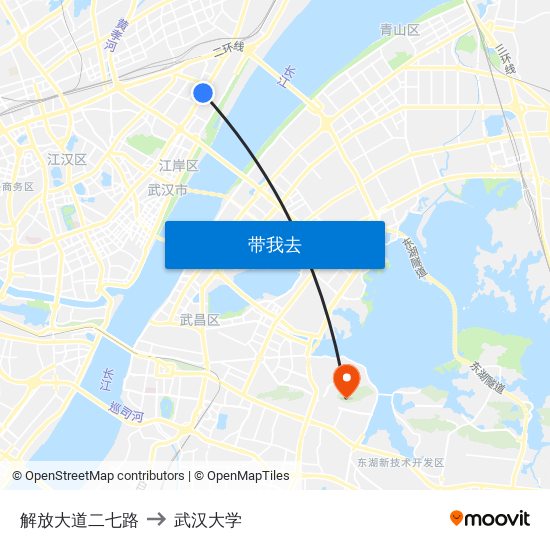 解放大道二七路 to 武汉大学 map