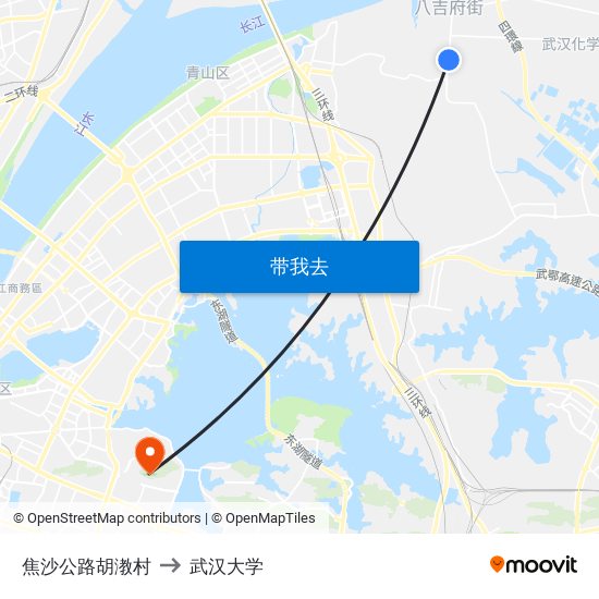 焦沙公路胡漖村 to 武汉大学 map