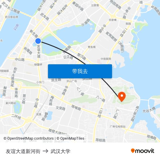 友谊大道新河街 to 武汉大学 map