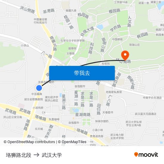 珞狮路北段 to 武汉大学 map