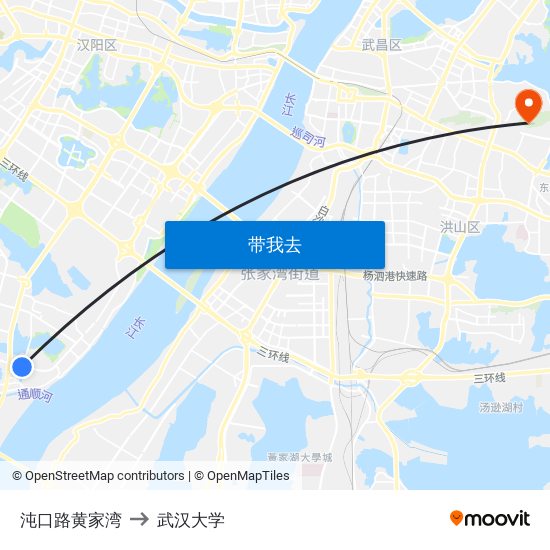 沌口路黄家湾 to 武汉大学 map