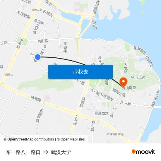 东一路八一路口 to 武汉大学 map