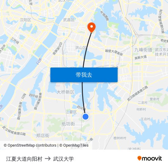 江夏大道向阳村 to 武汉大学 map