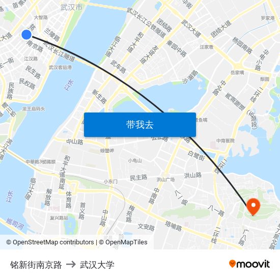 铭新街南京路 to 武汉大学 map