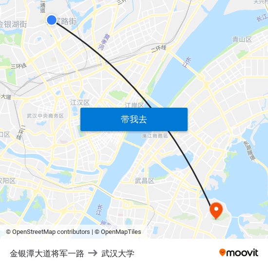 金银潭大道将军一路 to 武汉大学 map