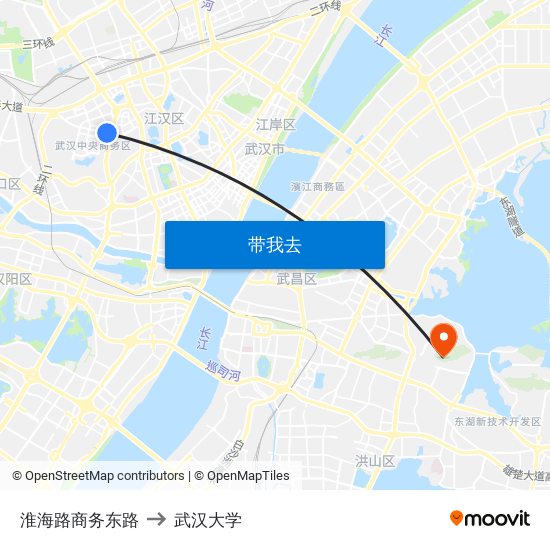 淮海路商务东路 to 武汉大学 map