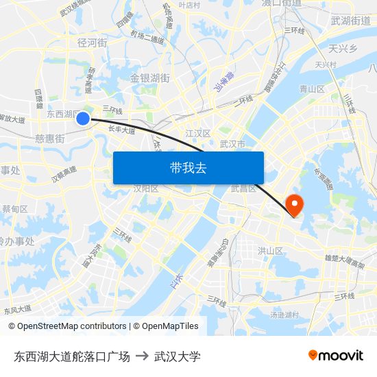 东西湖大道舵落口广场 to 武汉大学 map