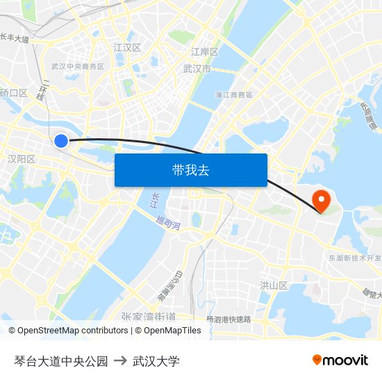 琴台大道中央公园 to 武汉大学 map