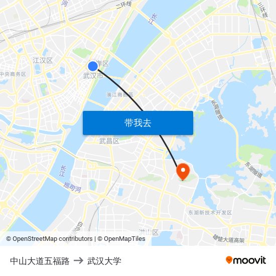 中山大道五福路 to 武汉大学 map