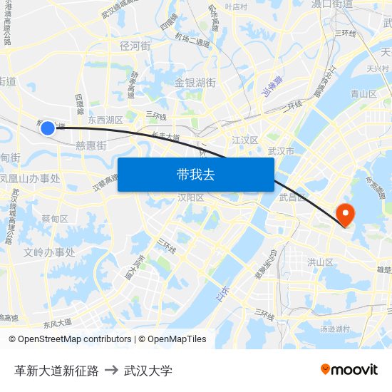 革新大道新征路 to 武汉大学 map