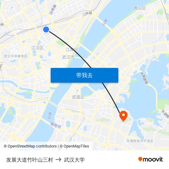 发展大道竹叶山三村 to 武汉大学 map