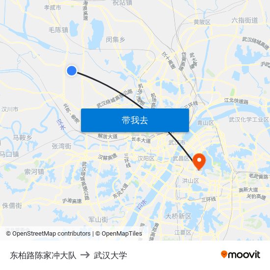 东柏路陈家冲大队 to 武汉大学 map