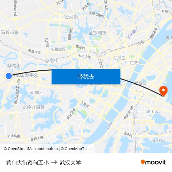 蔡甸大街蔡甸五小 to 武汉大学 map