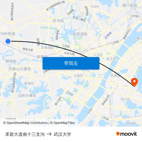 革新大道南十三支沟 to 武汉大学 map