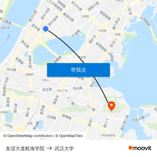 友谊大道航海学院 to 武汉大学 map