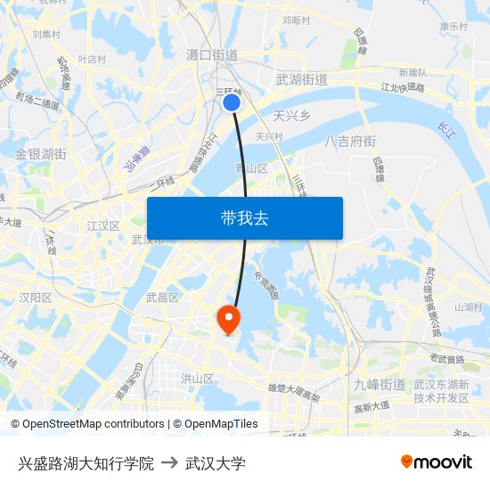 兴盛路湖大知行学院 to 武汉大学 map