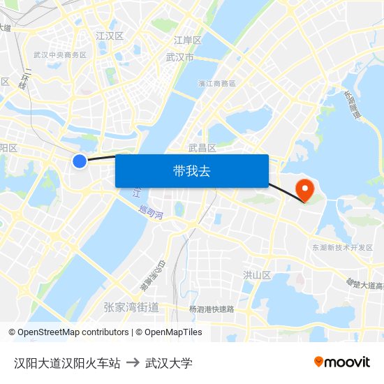 汉阳大道汉阳火车站 to 武汉大学 map