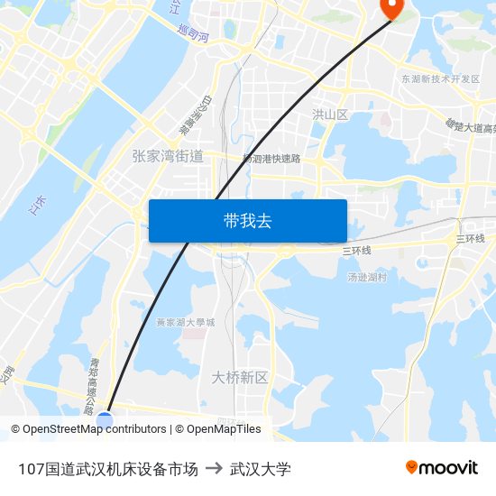 107国道武汉机床设备市场 to 武汉大学 map