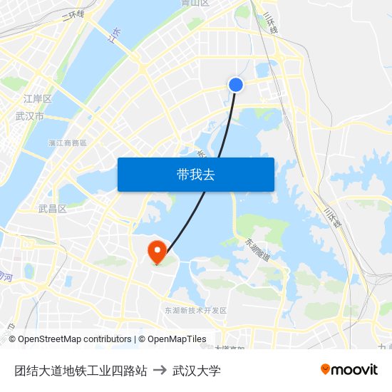 团结大道地铁工业四路站 to 武汉大学 map