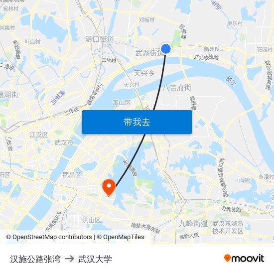 汉施公路张湾 to 武汉大学 map