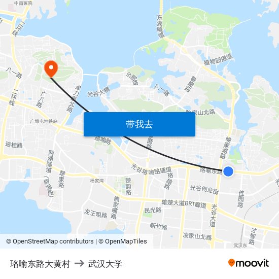 珞喻东路大黄村 to 武汉大学 map