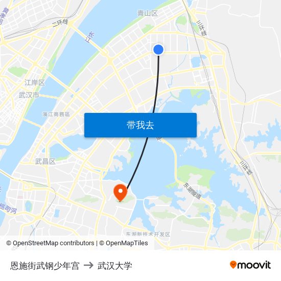 恩施街武钢少年宫 to 武汉大学 map