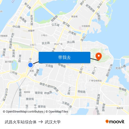 武昌火车站综合体 to 武汉大学 map