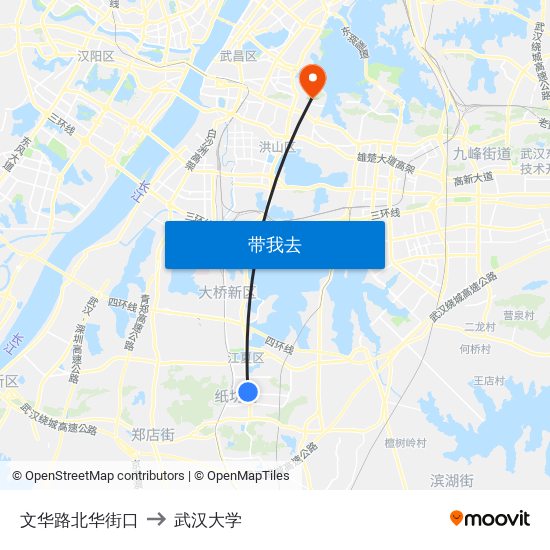 文华路北华街口 to 武汉大学 map